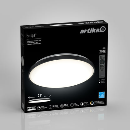 Artika Europa 21 in. LED modern flush mount light - with remote, packaged in a black box displaying the round fixture, remote control, key features, and specs on a gray background.