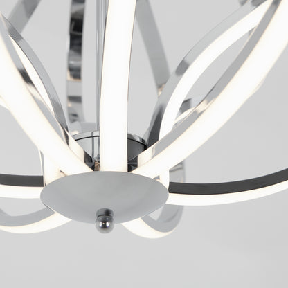 Close-up of the Meridian LED pendant light by Artika, featuring sleek, curved metal arms and integrated white LED strips against a neutral gray background.