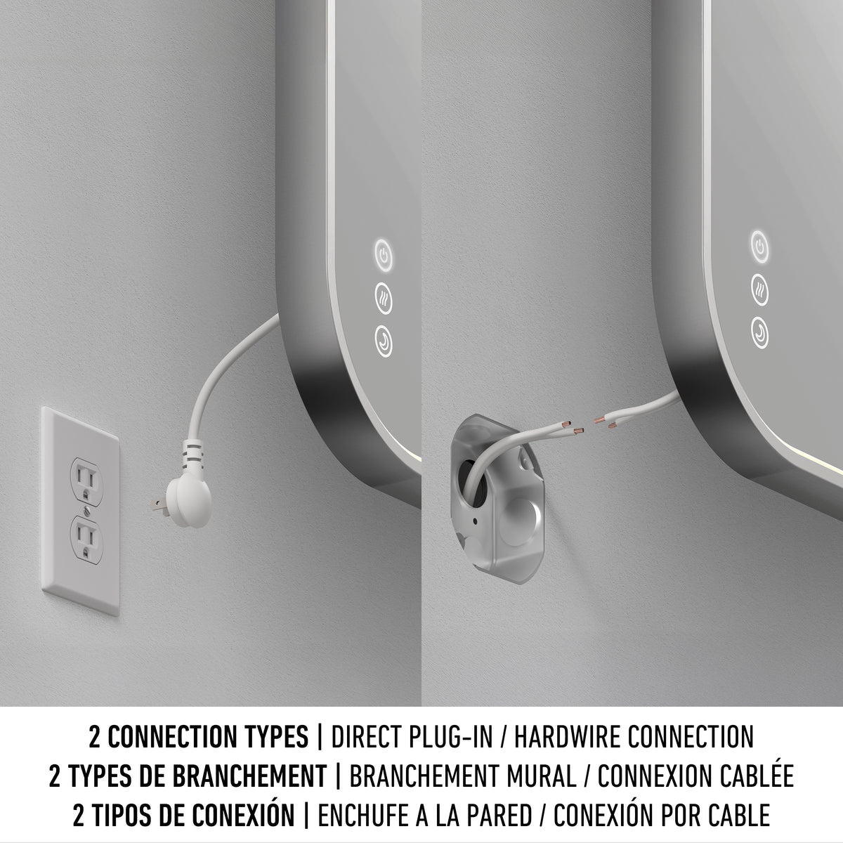 Split image shows two ways to connect the Artika Royce Dimmable LED Mirror, 3 CCT, Horizontal and Vertical Mount: on the left via plug-in; on the right by hardwiring. Instructions shown in English, French, and Spanish.