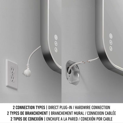 Split image shows two ways to connect the Artika Royce Dimmable LED Mirror, 3 CCT, Horizontal and Vertical Mount: on the left via plug-in; on the right by hardwiring. Instructions shown in English, French, and Spanish.
