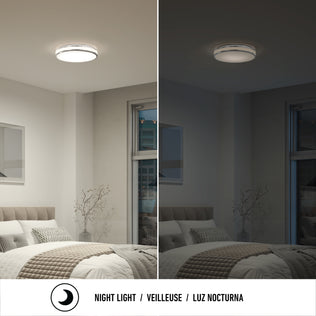 Artika Hemisphere 15 in. LED Ceiling Light: bright on left, night light on right. Text shows “Night Light” in 3 languages.