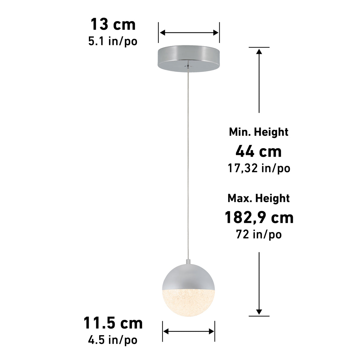 A spherical pendant light with a metallic top and frosted bottom, suspended from the ceiling. Measurements are shown: 13 cm ceiling mount, 11.5 cm light diameter, adjustable height from 44 cm to 182.9 cm.