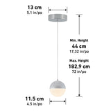A spherical pendant light with a metallic top and frosted bottom, suspended from the ceiling. Measurements are shown: 13 cm ceiling mount, 11.5 cm light diameter, adjustable height from 44 cm to 182.9 cm.