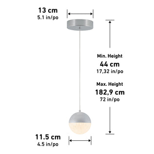 Artika Sparkle 1 Light LED Pendant features a 13 cm (5.1 in) canopy, an 11.5 cm (4.5 in) shade, and an adjustable hanging height from 44 cm (17.32 in) to 182.9 cm (72 in).