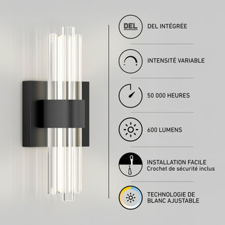 Artika Dorado contemporary LED wall sconce: black base, clear rods, 3 CCT selectable, dimmable, and sleek modern design.