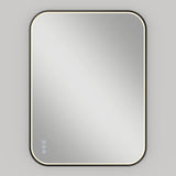 A rectangular wall-mounted mirror with rounded corners, illuminated by a soft LED light around its edges, and three touch control buttons in the lower left corner, set against a plain light gray background.
