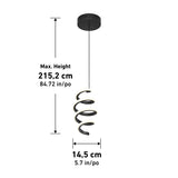 A black spiral pendant light hangs from a round ceiling mount with a max height of 215.2 cm (84.72 in) and a diameter of 14.5 cm (5.7 in), shown with measurement arrows.