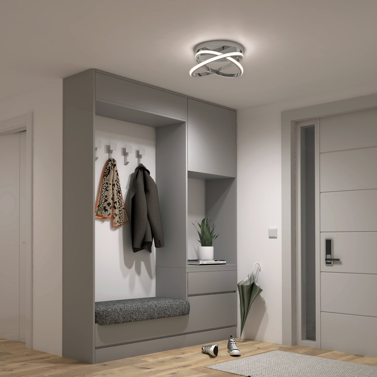 A modern entryway features built-in gray storage, a cushioned bench, coat hooks with a jacket and scarf, an umbrella on the floor, and an Artika Orbia modern LED flush mount light (3 CCT) on the ceiling. A door appears on the right.