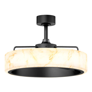 Artika Selena 23 in. LED modern ceiling fan with remote, featuring a round marble shade and black metal finish, shown from below.