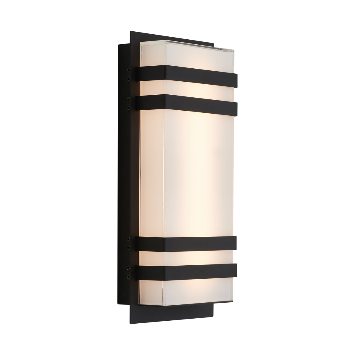 A modern rectangular wall sconce with frosted glass and black metal horizontal bands, mounted on a black rectangular backplate, emitting a soft, diffused light.