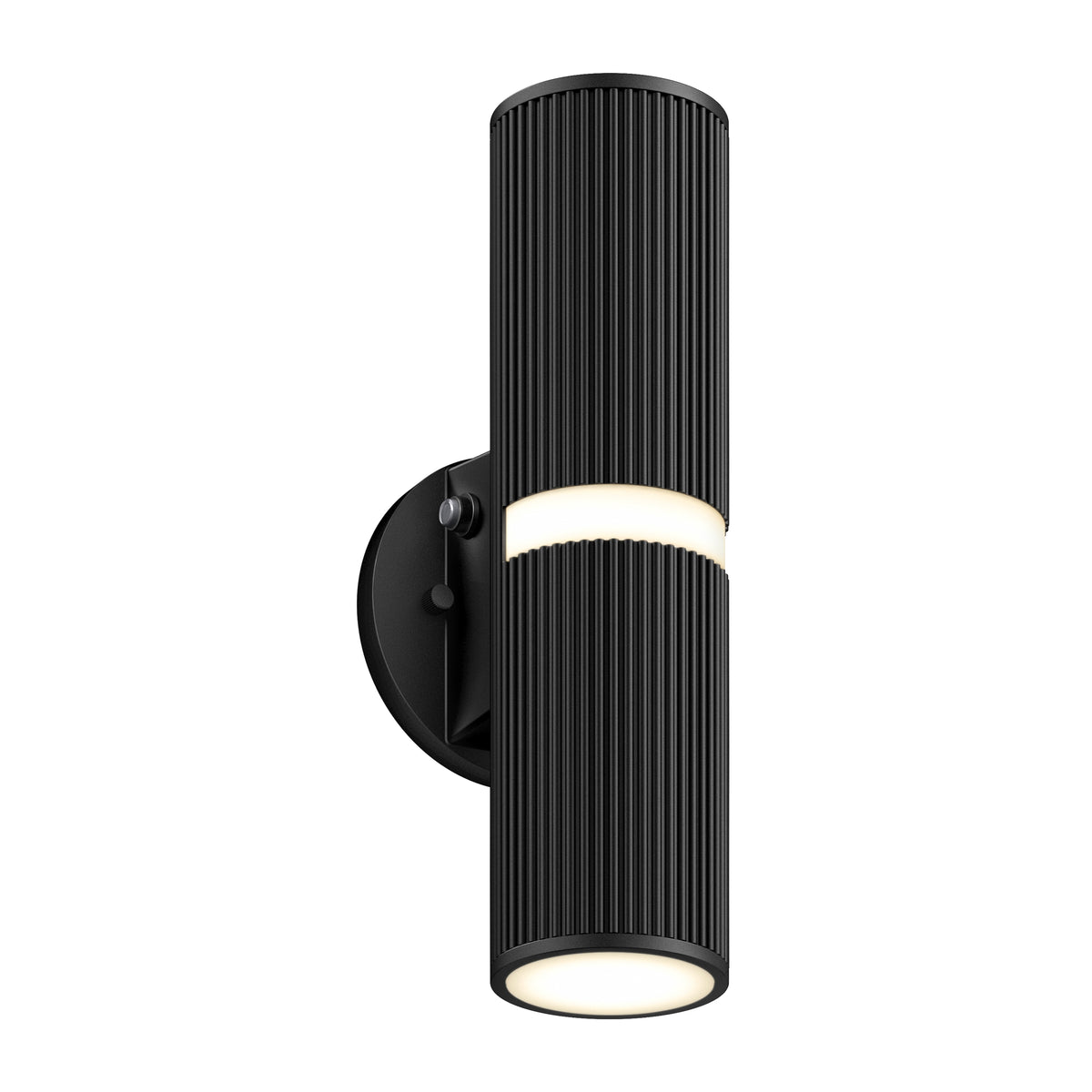 The Artika Groove LED indoor-outdoor wall light is a modern black cylindrical sconce with vertical grooves, emitting light from both the top and bottom, and is mounted on a round black base.