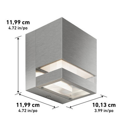 The Artika-CAN-dev Valor Square LED wall light is a modern, cube-shaped fixture with a brushed metal finish, measuring 11.99 cm (4.72 in) high and wide and 10.13 cm (3.99 in) deep, suitable for indoor or outdoor use.