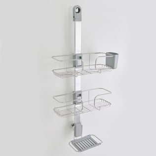 The Artika Ulysse hanging Shower Caddy is a wall-mounted metal organizer with three wire shelves, a small gray container, and hooks to hold toiletries vertically, keeping your bathroom neat and organized.