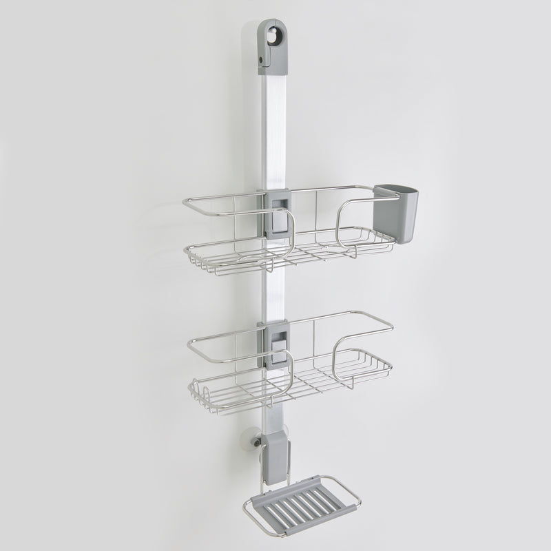 The Artika Ulysse hanging Shower Caddy is a wall-mounted metal organizer with three wire shelves, a small gray container, and hooks to hold toiletries vertically, keeping your bathroom neat and organized.