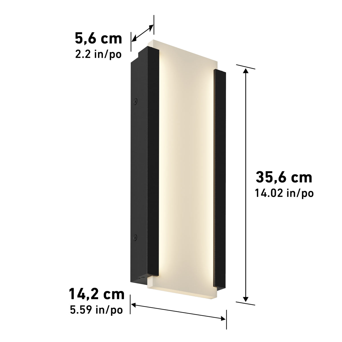 Rectangular wall sconce with black sides and a diffused white light panel in the center. Dimensions: 35.6 cm (14.02 in) tall, 14.2 cm (5.59 in) wide, and 5.6 cm (2.2 in) deep.