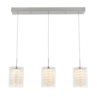 The Artika Crystal Cube 3-light LED pendant features three hanging lights with square glass shades and crystal accents, suspended from a rectangular chrome ceiling mount.