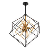 A modern pendant light fixture with exposed bulbs, featuring a geometric design of intersecting black metal and gold frames, suspended from a black ceiling mount.