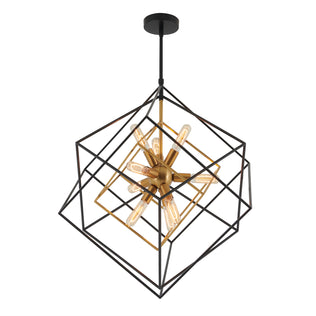 Artika Imperium 9-light chandelier features exposed bulbs in a black and gold wireframe cube, suspended from a ceiling mount.
