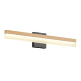 A modern wall-mounted light fixture with a long, horizontal wooden casing, a black rectangular base, and a diffused LED light strip along the bottom.