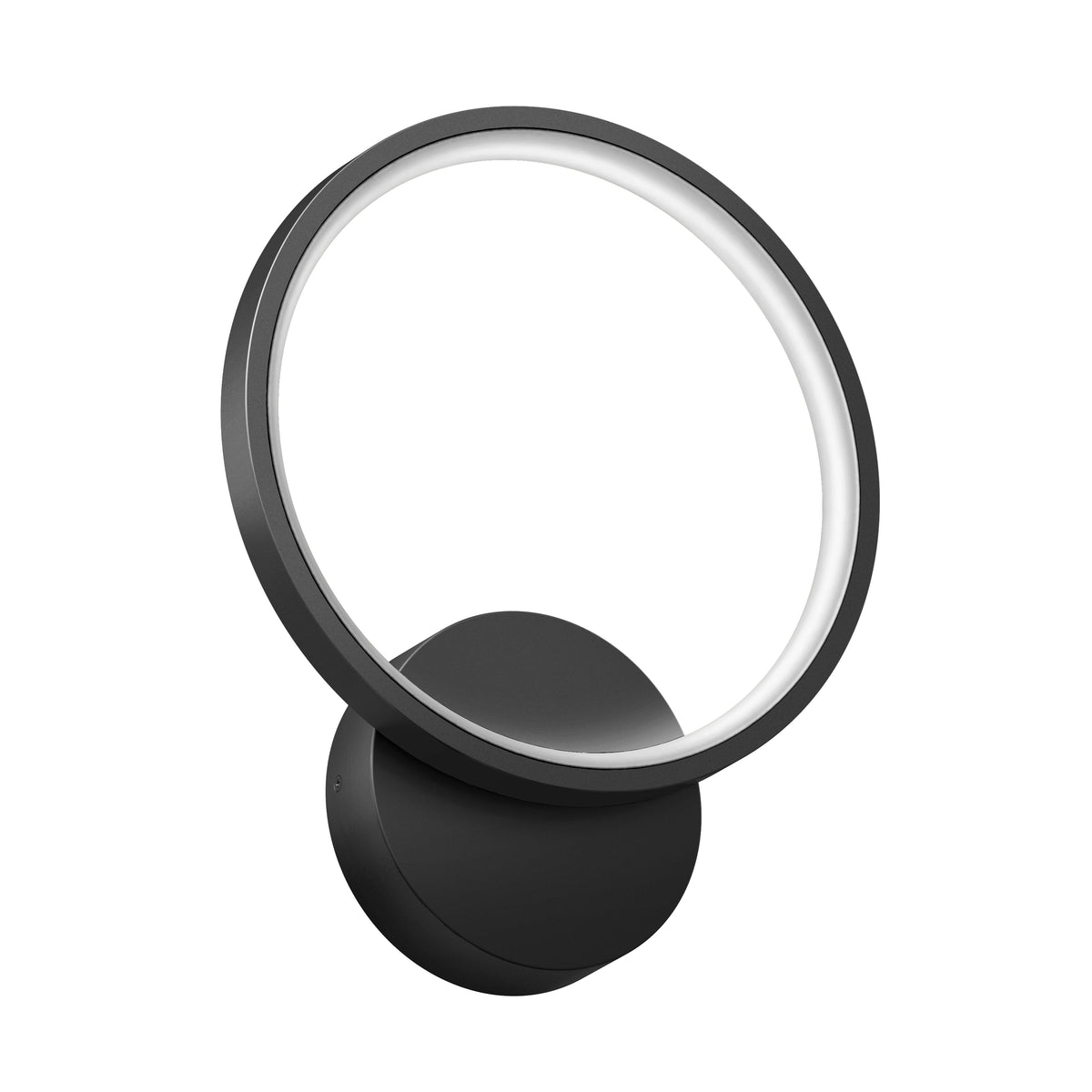 A modern wall-mounted light fixture with a circular LED ring attached to a round black base, angled slightly upward and outward.