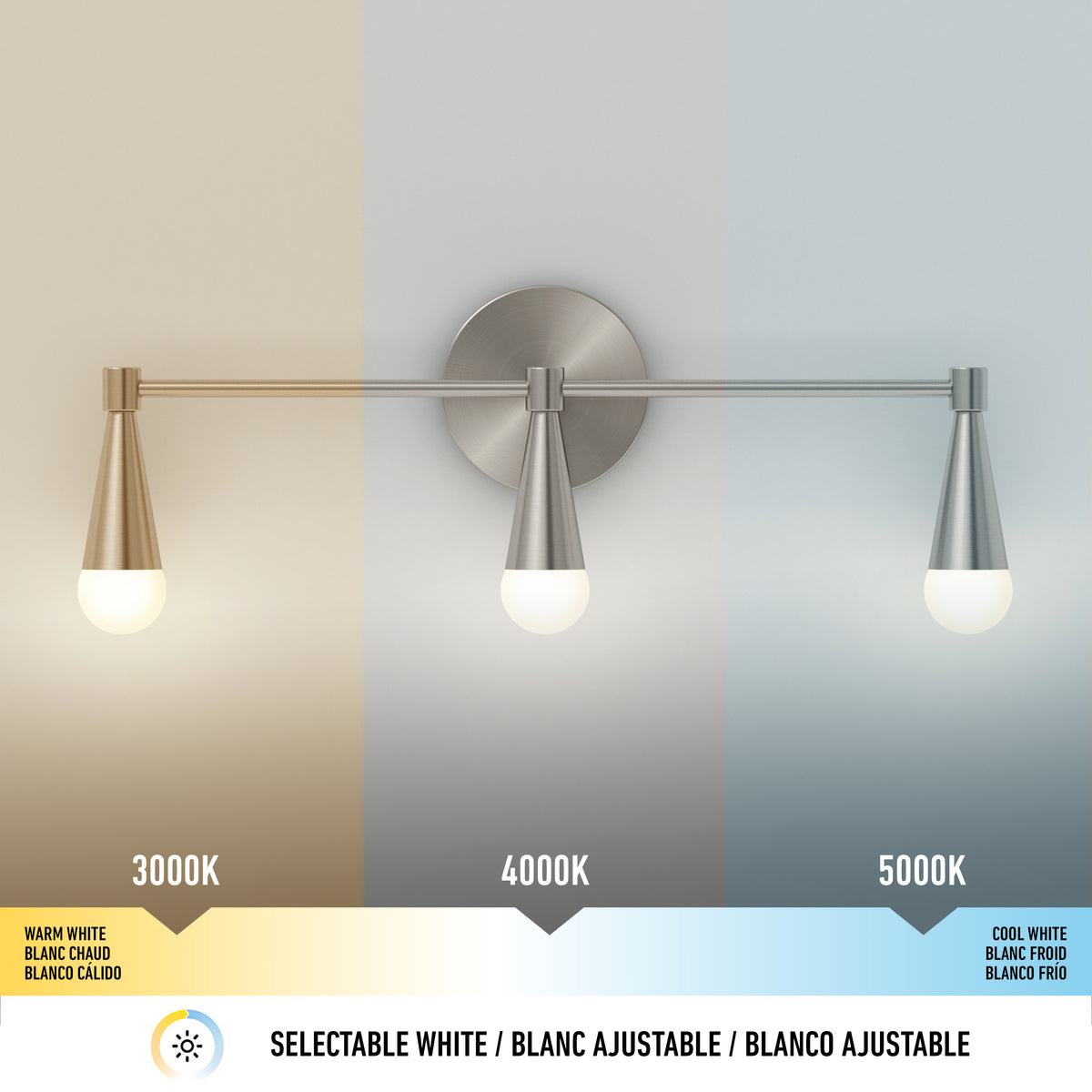 The Artika Wayden LED mid-century vanity light offers 3 CCTs—warm, neutral, and cool—ideal for bathroom lighting.