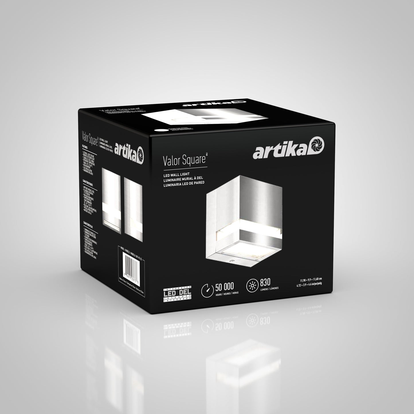 A black box for the Artika-CAN-dev Valor Square LED indoor/outdoor wall light, showing product images, specs like 50,000-hour lifespan and 830 lumens, plus branding on a gray background.