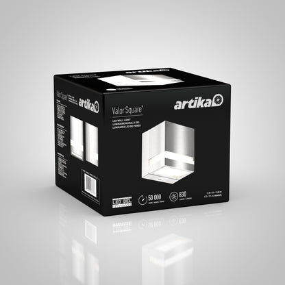 A black box for the Artika-CAN-dev Valor Square LED indoor/outdoor wall light, showing product images, specs like 50,000-hour lifespan and 830 lumens, plus branding on a gray background.
