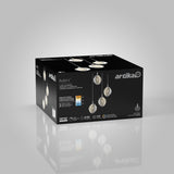 A black box of Artika Avalon 4 pendant light fixtures is shown, featuring an image of the four hanging lights on the front and side, along with product details and specifications in white text.