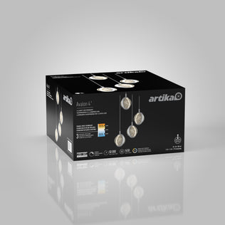 A black Artika box displays the Avalon 4-light LED pendant, featuring images of the four hanging lights and showcasing product details and specs on the front and sides.
