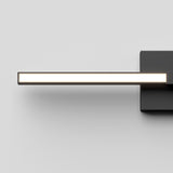 A modern, minimalist wall-mounted light fixture with a long, horizontal, rectangular light bar attached to a black rectangular base against a plain white background.