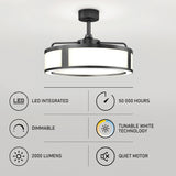 Modern black ceiling fan with LED light, featuring icons that highlight its features: LED integrated, dimmable, 2000 lumens, 50,000 hours lifespan, tunable white technology, and a quiet motor.