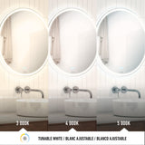 A round bathroom mirror above a sink is shown with three different LED light settings: warm (3000K), neutral (4000K), and cool white (5000K). The image displays how each color temperature affects the room.