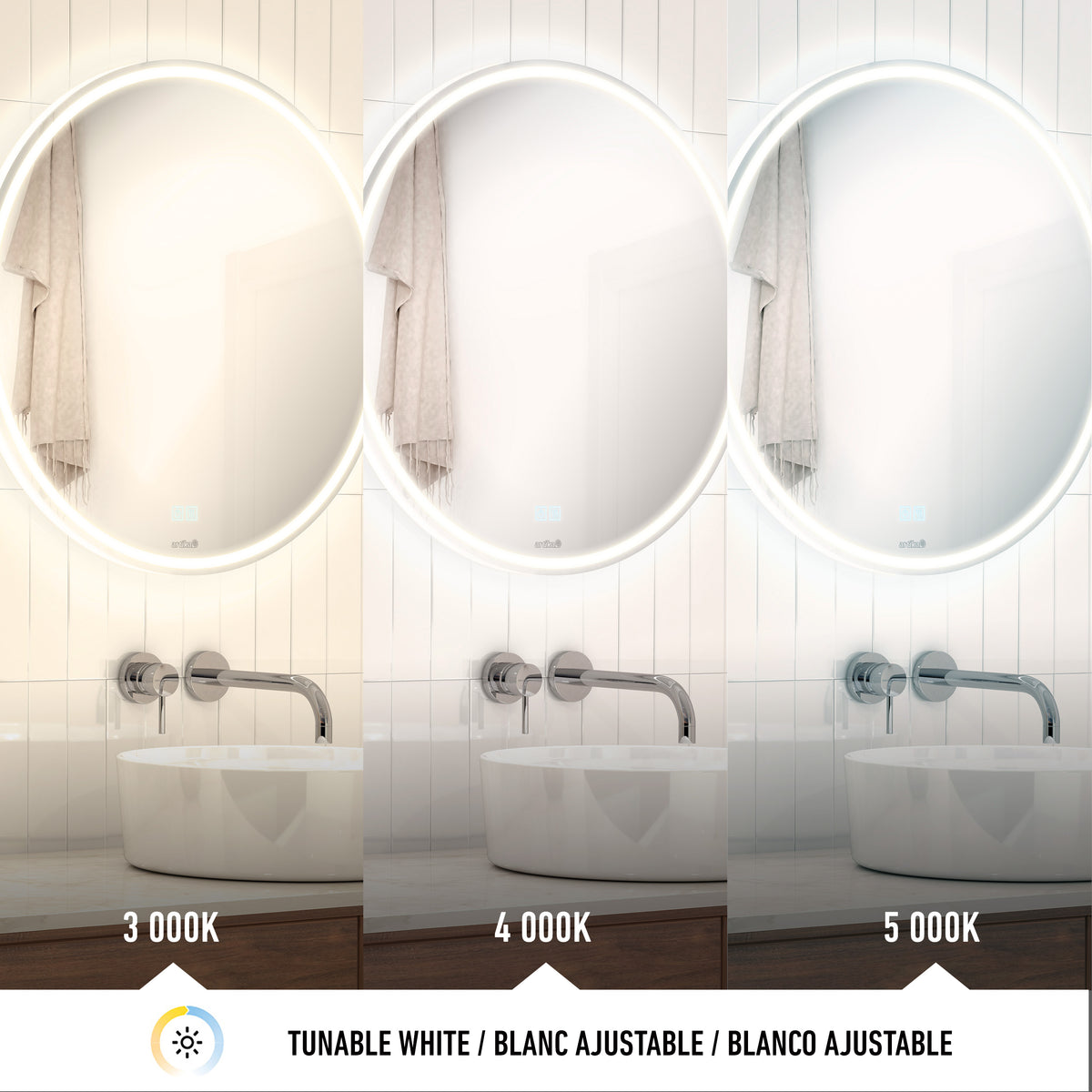Three Emeraude 24″x24″ LED mirrors by Artika above sinks offer 3000K, 4000K, and 5000K lighting from warm to cool white.