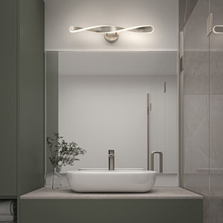 Modern bathroom with Finley LED by Artika—a sleek, dimmable vanity light for perfect lighting above the mirror and sink.