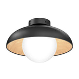 A modern ceiling light fixture with a black outer shade, a wood-textured inner surface, and a central white globe bulb.