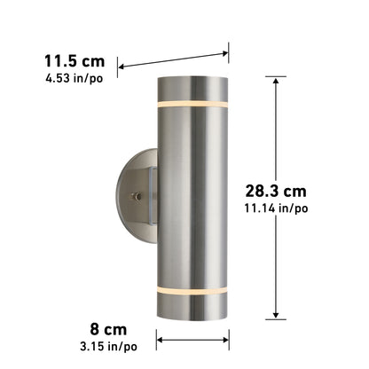 The Artika C7 indoor-outdoor wall light features a cylindrical brushed metal finish, measuring 28.3 cm (11.14 in) high, 8 cm (3.15 in) wide, with an 11.5 cm (4.53 in) wall mount diameter.