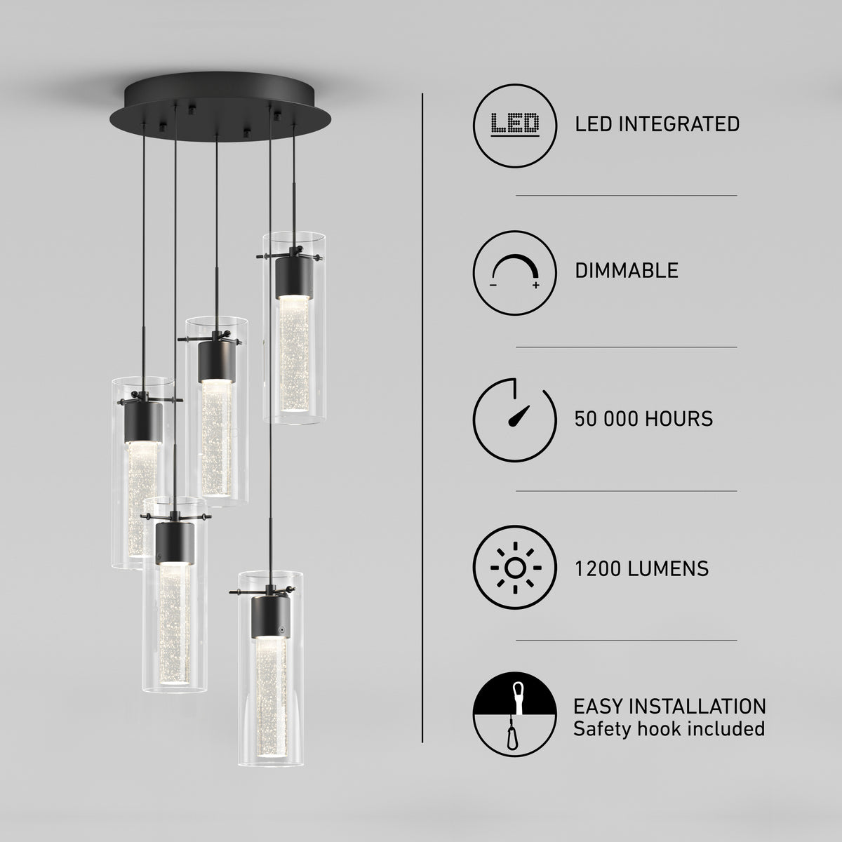 The Artika Essence 5-light LED pendant features five cylindrical glass lights, producing 1200 lumens. Shown on a gray background, icons highlight features: LED integrated, dimmable, 50,000-hour lifespan, and easy installation.