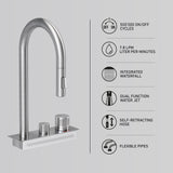 A modern stainless steel kitchen faucet with two knobs, shown next to icons highlighting its features: 500,000 on/off cycles, 7.8 LPM flow, integrated waterfall, dual function jet, self-retracting hose, and flexible pipes.
