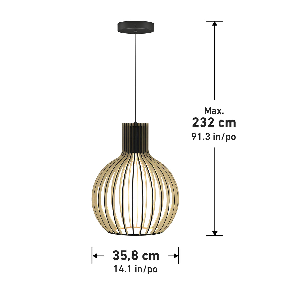 The Artika Tomi LED Pendant Light 3 CCT features a modern spherical, cage-like wooden shade with a 35.8 cm (14.1 in) diameter and max hanging length of 232 cm (91.3 in). Measurements are shown beside the fixture.