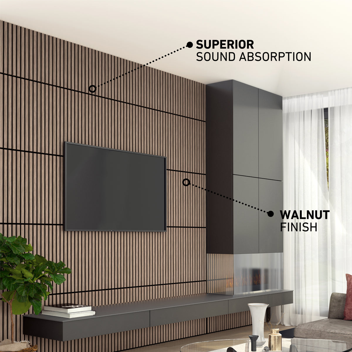 A modern living room with a TV on a slatted wood accent wall. Text points to the wall noting SUPERIOR SOUND ABSORPTION and WALNUT FINISH. There is a plant, floating shelf, cabinets, and a large window with sheer curtains.