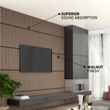 A modern living room with a TV on a slatted wood accent wall. Text points to the wall noting SUPERIOR SOUND ABSORPTION and WALNUT FINISH. There is a plant, floating shelf, cabinets, and a large window with sheer curtains.