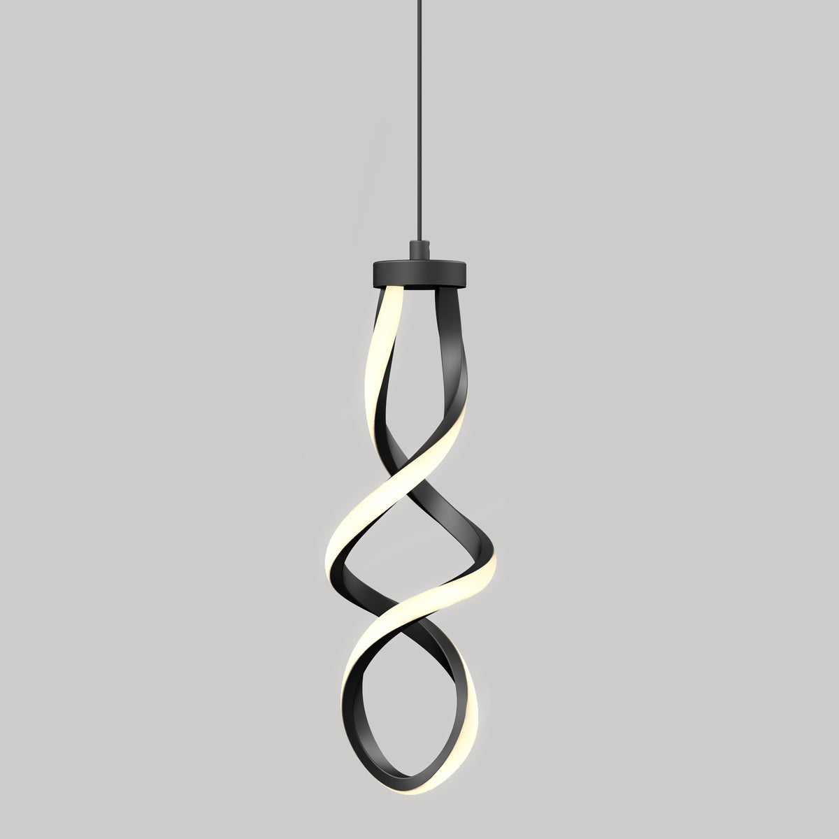 The Artika Mini Swirl LED pendant light features two intertwined, ribbon-like strips—one black and one illuminated white—suspended from a black ceiling fixture against a plain gray background.