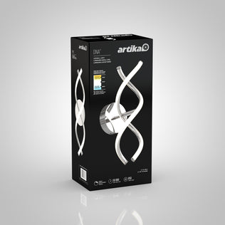 A black box displays the Artika DNA modern LED wall sconce 3 CCT, showing a photo of its DNA-inspired design on the front. The packaging highlights integrated LEDs, energy ratings, and product details.