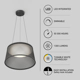 A modern pendant light with a mesh shade hangs from the ceiling. Feature icons indicate: LED integrated, dimmable, 50,000 hours, 1300 lumens, tunable white technology, and easy installation with a safety hook.