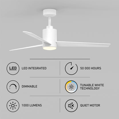 The Artika Ellison 52 in. LED modern ceiling fan features a minimalist white design, three blades, integrated dimmable LED (1000 lumens), tunable white tech, quiet motor, 50,000-hour lifespan, and comes with a remote.