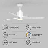 A modern white ceiling fan with an integrated LED light is shown above icons highlighting its features: LED integrated, 50,000 hours lifespan, dimmable, tunable white technology, 1000 lumens, and a quiet motor.