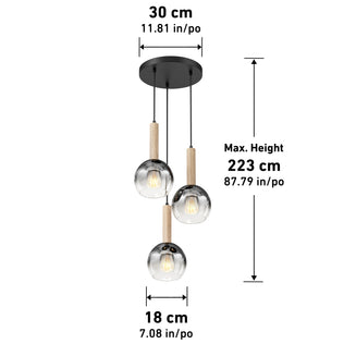 The Ardel Spiral 3-Light Pendant by Artika features wooden accents, glass globes, and a round black mount. Dimensions: 30 cm W x 18 cm D x max height 223 cm (inches also provided). Bulbs not included.