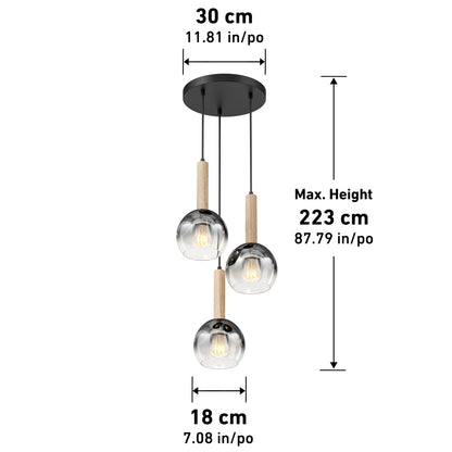 The Ardel Spiral 3-Light Pendant by Artika features wooden accents, glass globes, and a round black mount. Dimensions: 30 cm W x 18 cm D x max height 223 cm (inches also provided). Bulbs not included.