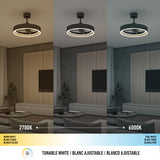 A ceiling light fan shown in three lighting modes: warm white (2700K), neutral, and cool white (6000K), illuminating a modern living room. A color temperature scale and icons appear below the images.