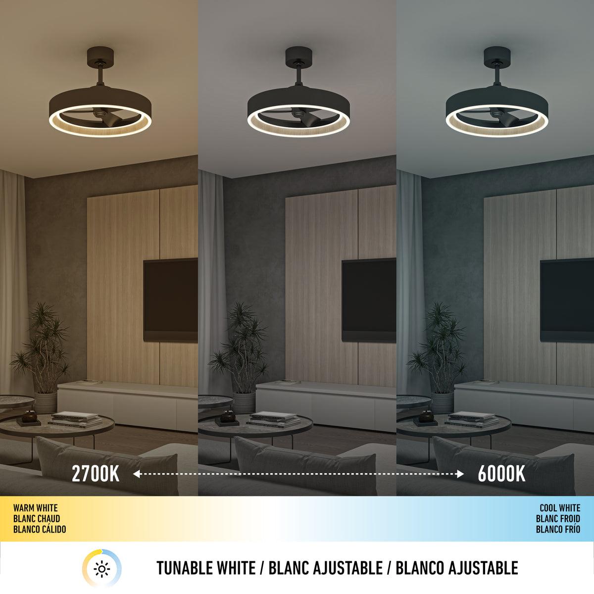 The Artika Alton 24 in. LED modern ceiling fan with remote features 3 speeds and adjustable lighting from warm white (2700K) to cool white (6000K), illuminating a living room with color temperatures from warm yellow to cool blue.